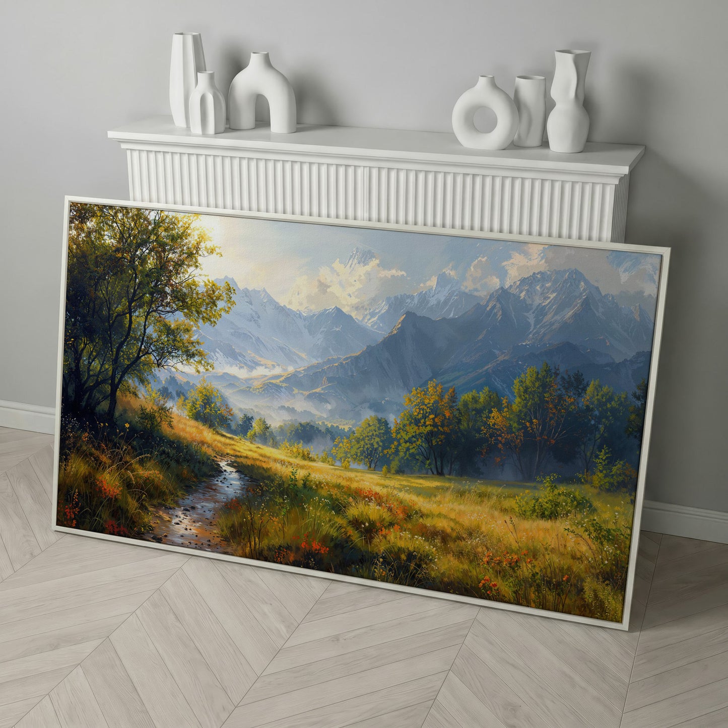 Mountain Landscape Canvas with Vibrant Meadow in white floating frame