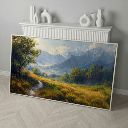 Mountain Landscape Canvas with Vibrant Meadow in white floating frame