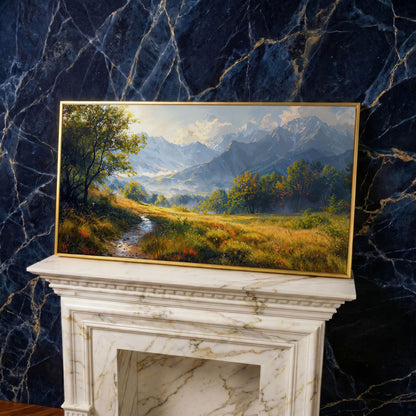 Mountain Landscape Canvas with Vibrant Meadow in yellow gold floating frame