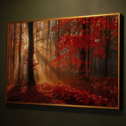 Enchanted Autumn Forest Canvas Print shown in antique gold floating frame