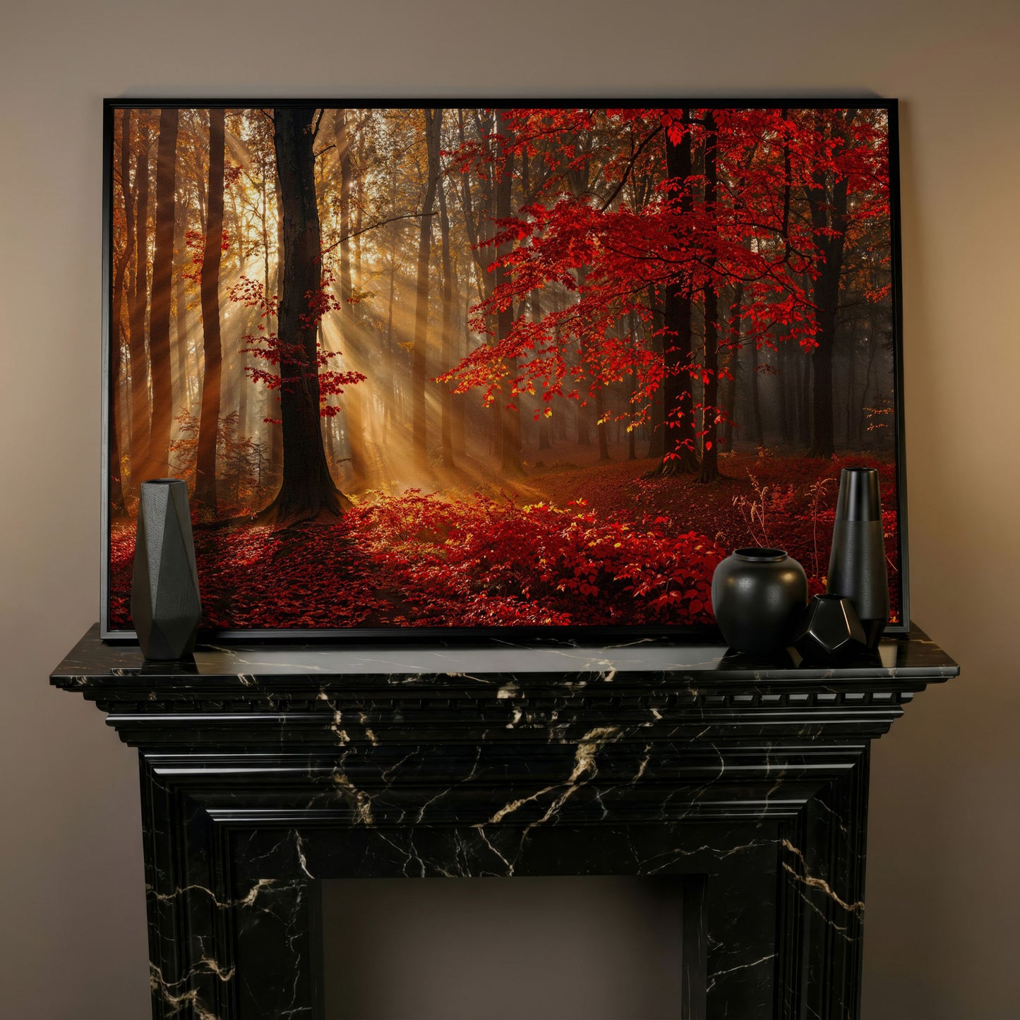 Enchanted Autumn Forest Canvas Print in black floating frame