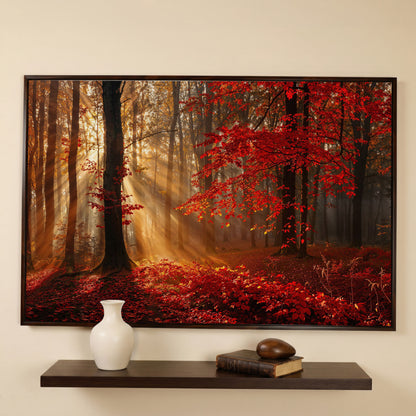 Enchanted Autumn Forest Canvas Print in dark walnut floating frame