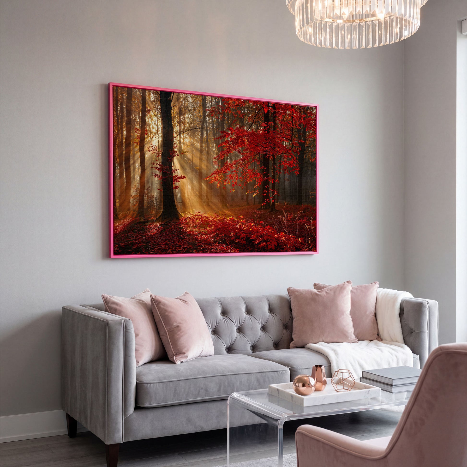 Enchanted Autumn Forest Canvas Print in pink floating frame