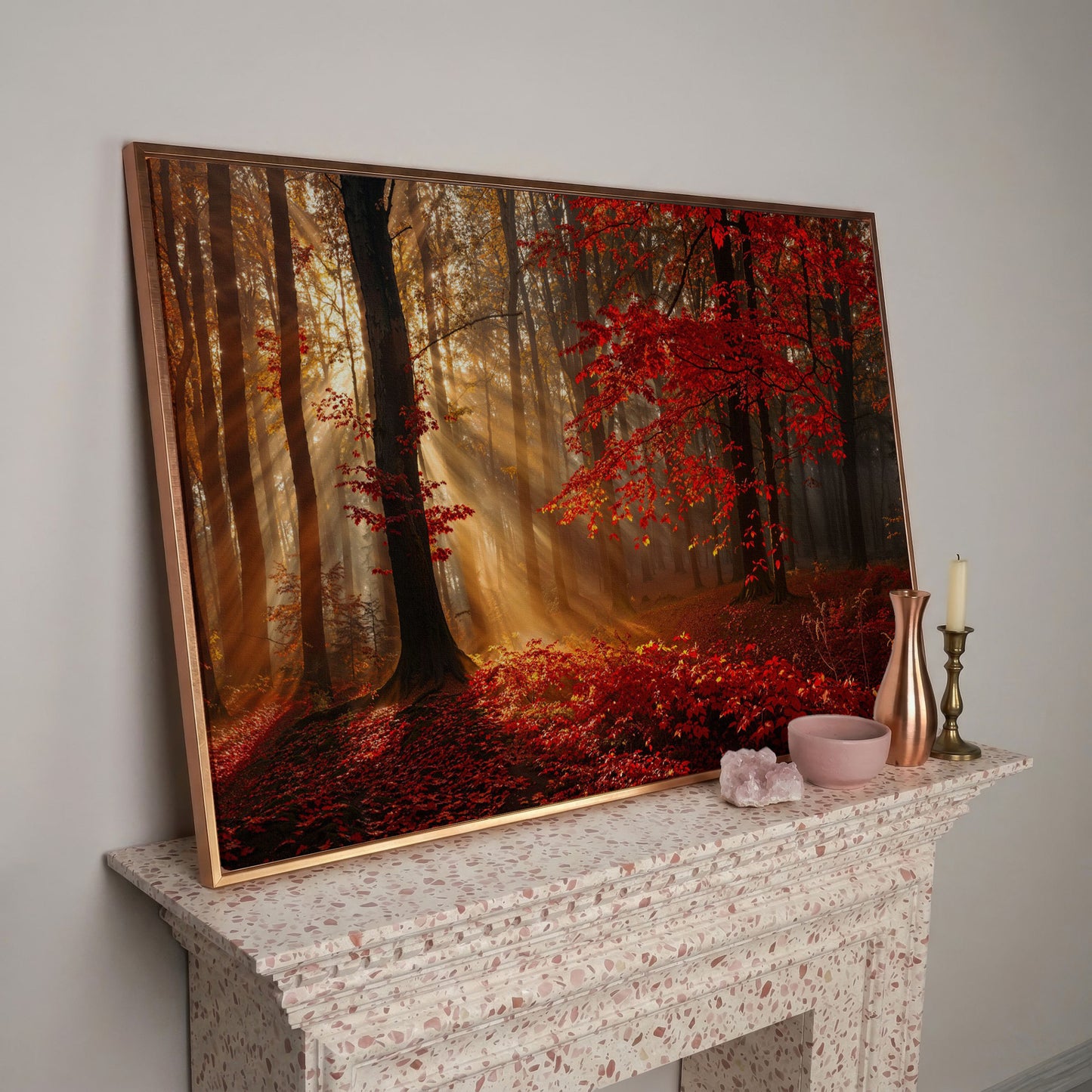 Enchanted Autumn Forest Canvas Print in rose gold floating frame