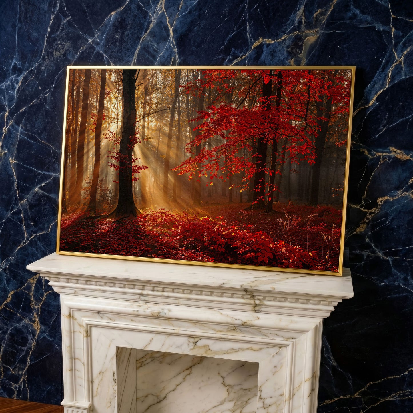 Enchanted Autumn Forest Canvas Print in yellow gold floating frame