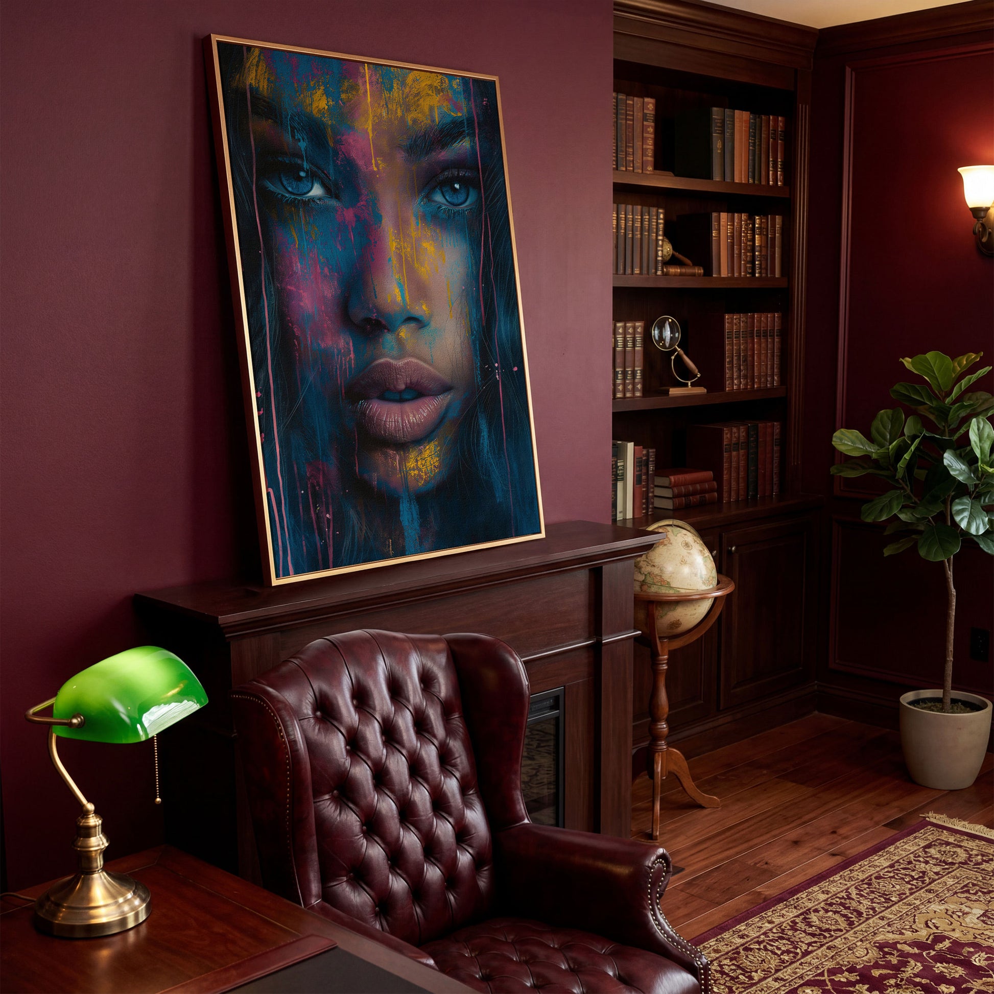 Abstract Woman Portrait Canvas, Teal & Fuchsia in antique gold floating frame