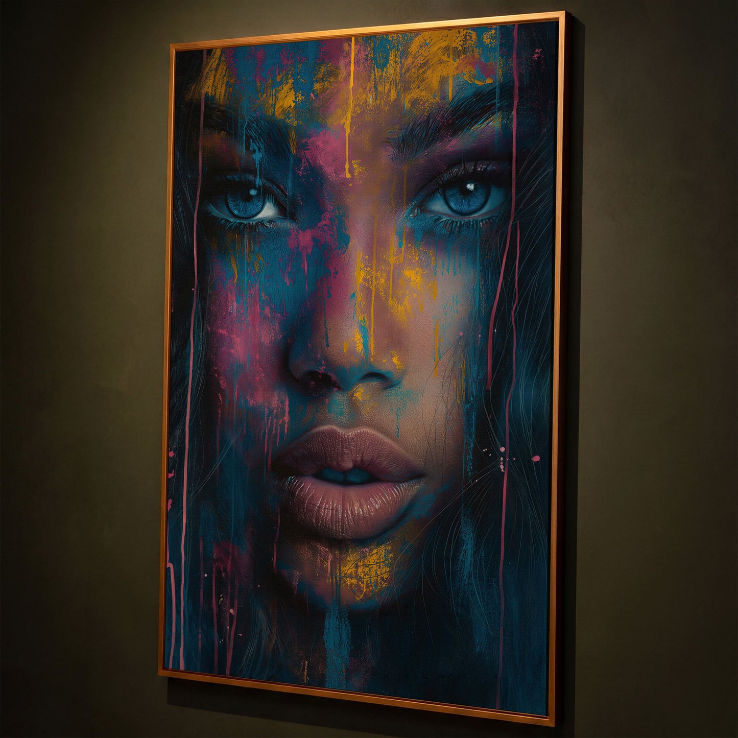 Abstract Woman Portrait Canvas, Teal & Fuchsia shown in antique gold floating frame
