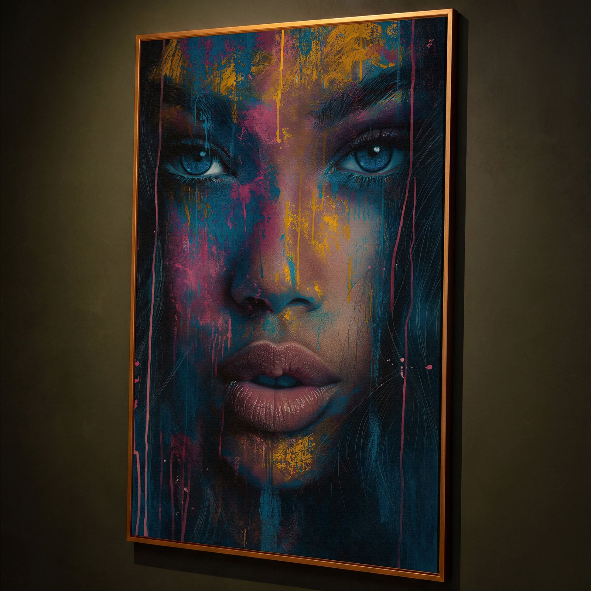 Abstract Woman Portrait Canvas, Teal & Fuchsia shown in antique gold floating frame