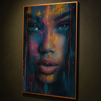 Abstract Woman Portrait Canvas, Teal & Fuchsia shown in antique gold floating frame