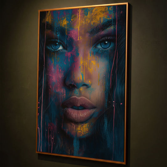 Abstract Woman Portrait Canvas, Teal & Fuchsia shown in antique gold floating frame