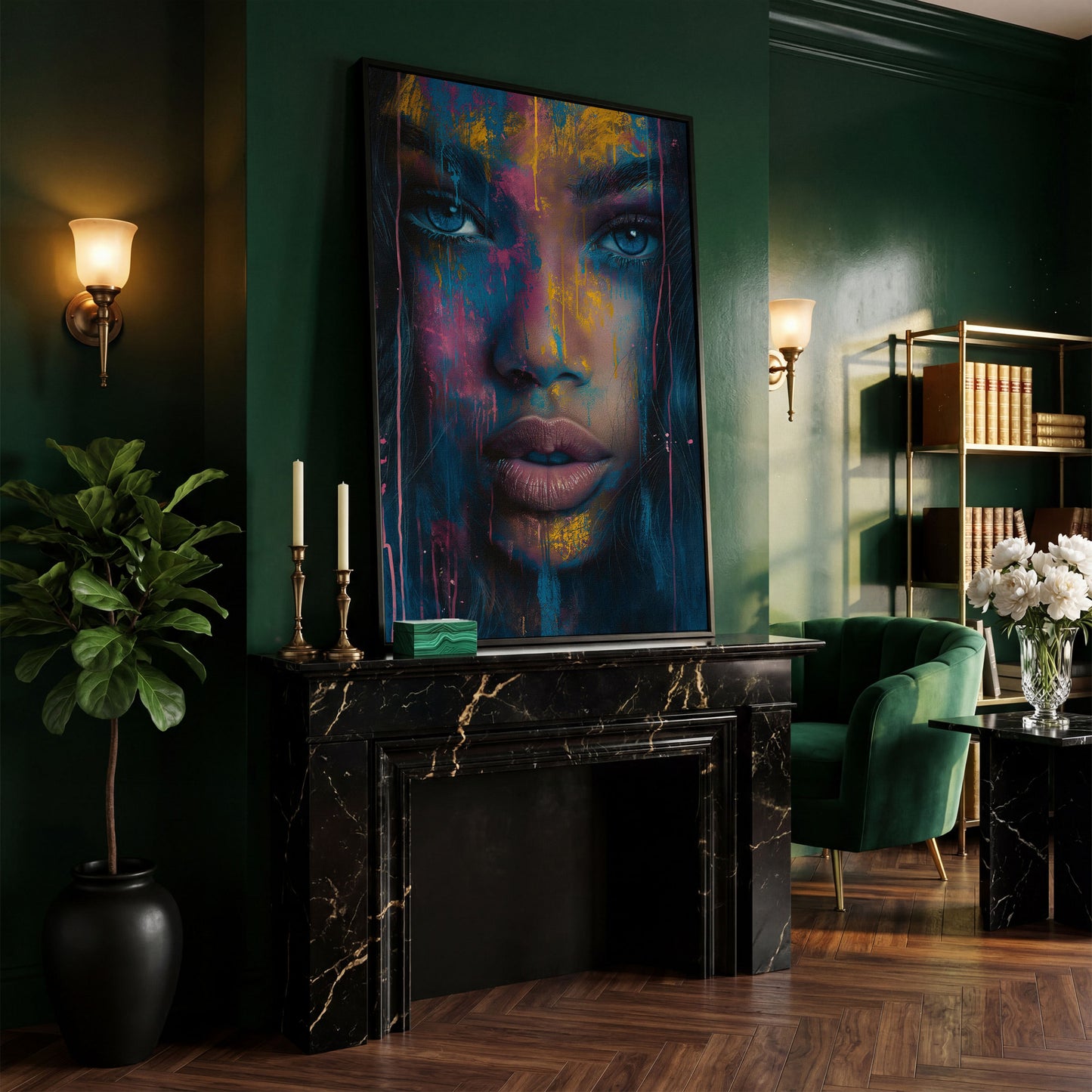 Abstract Woman Portrait Canvas, Teal & Fuchsia in black floating frame
