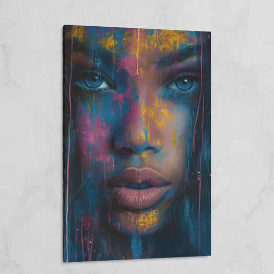 Abstract Woman Portrait Canvas, Teal & Fuchsia on gallery wrap