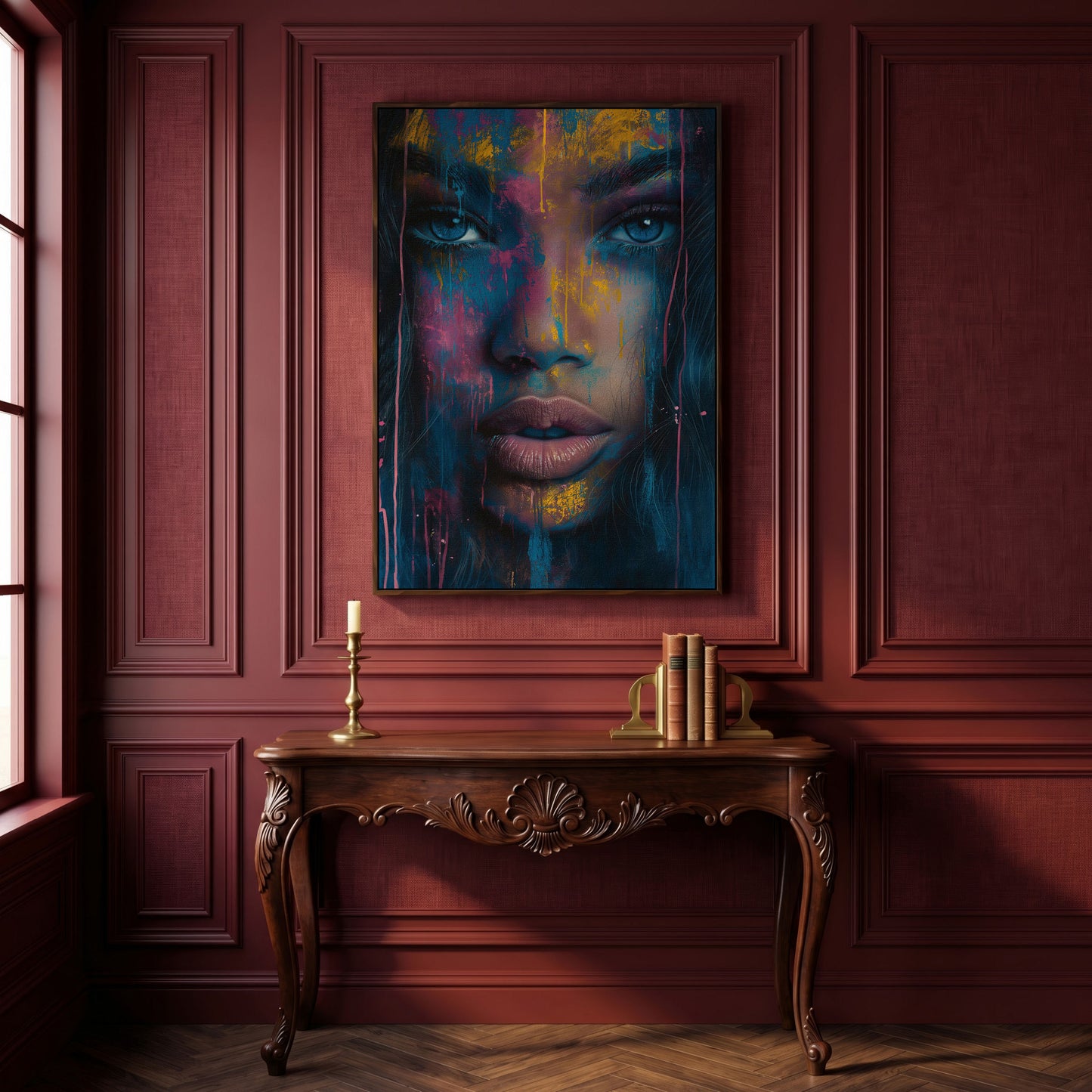 Abstract Woman Portrait Canvas, Teal & Fuchsia in dark walnut floating frame