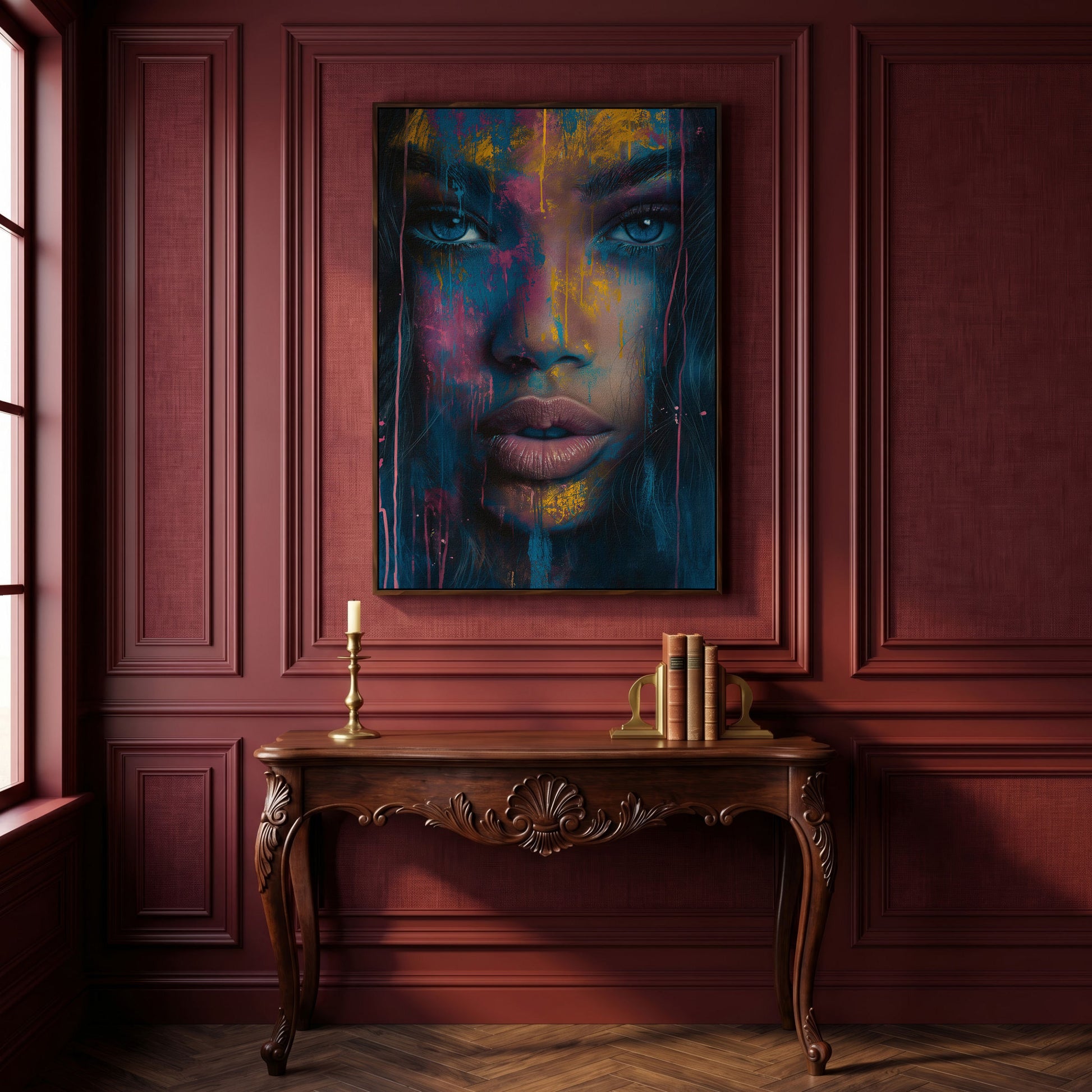 Abstract Woman Portrait Canvas, Teal & Fuchsia in dark walnut floating frame