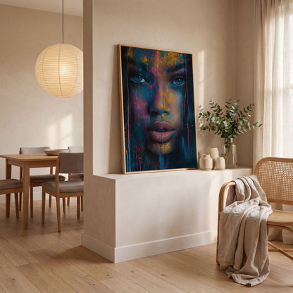 Abstract Woman Portrait Canvas, Teal & Fuchsia in white oak floating frame