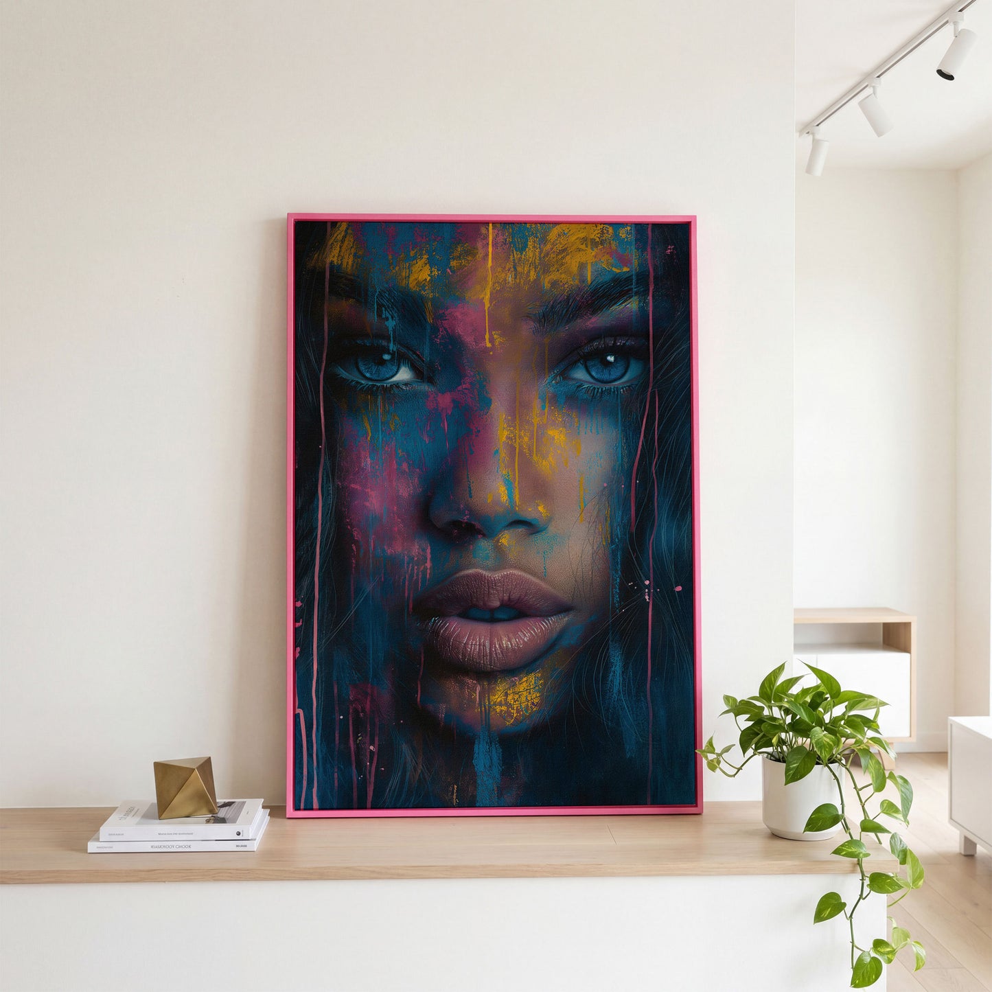Abstract Woman Portrait Canvas, Teal & Fuchsia in pink floating frame