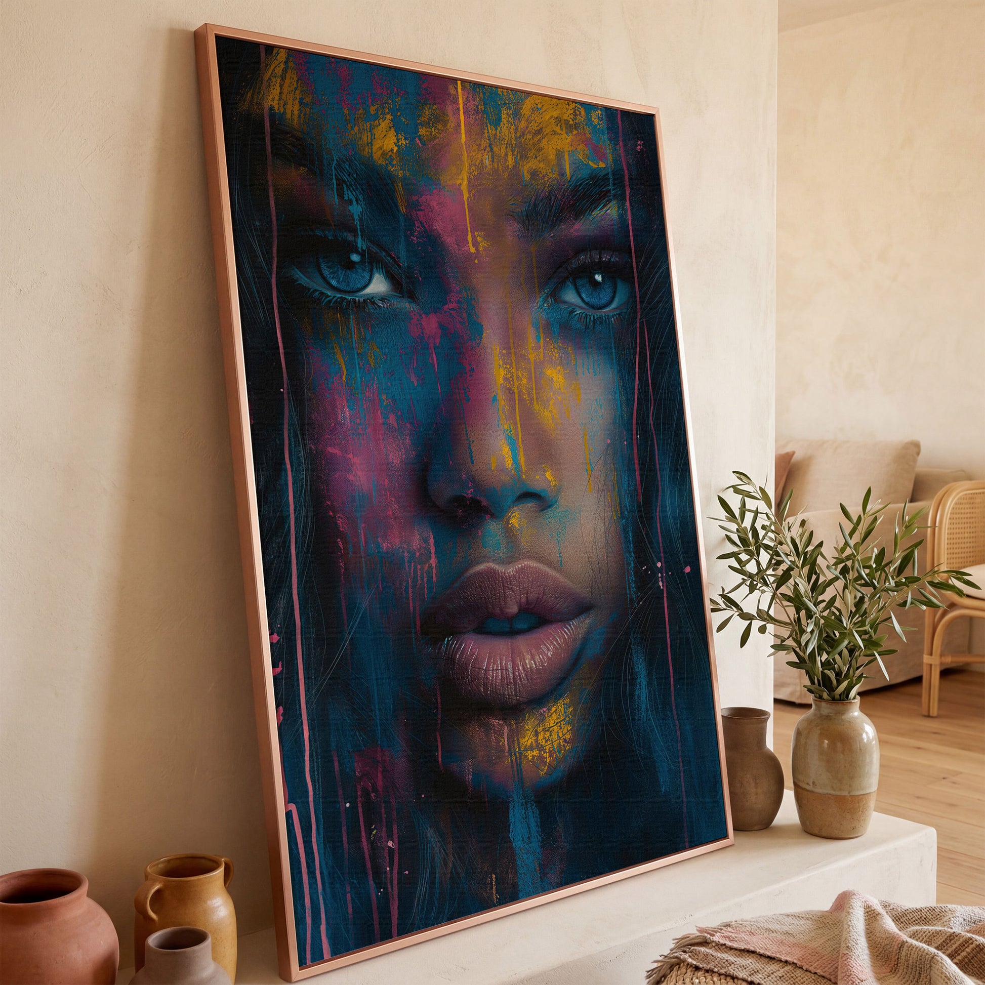 Abstract Woman Portrait Canvas, Teal & Fuchsia in rose gold floating frame