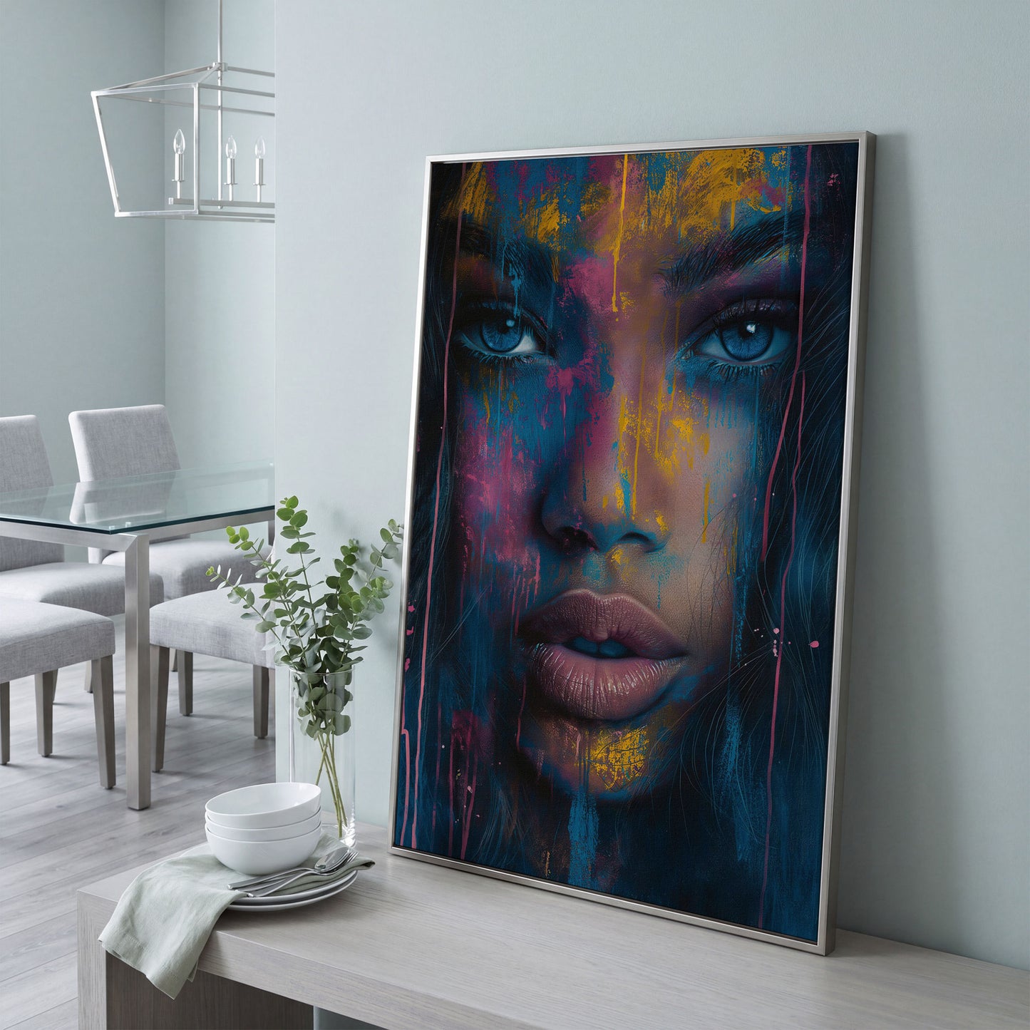 Abstract Woman Portrait Canvas, Teal & Fuchsia in silver floating frame