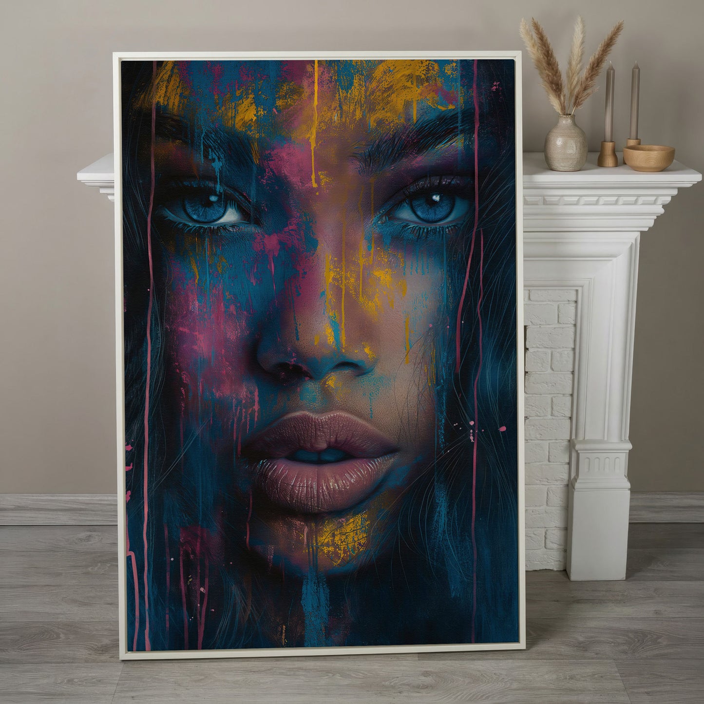 Abstract Woman Portrait Canvas, Teal & Fuchsia in white floating frame