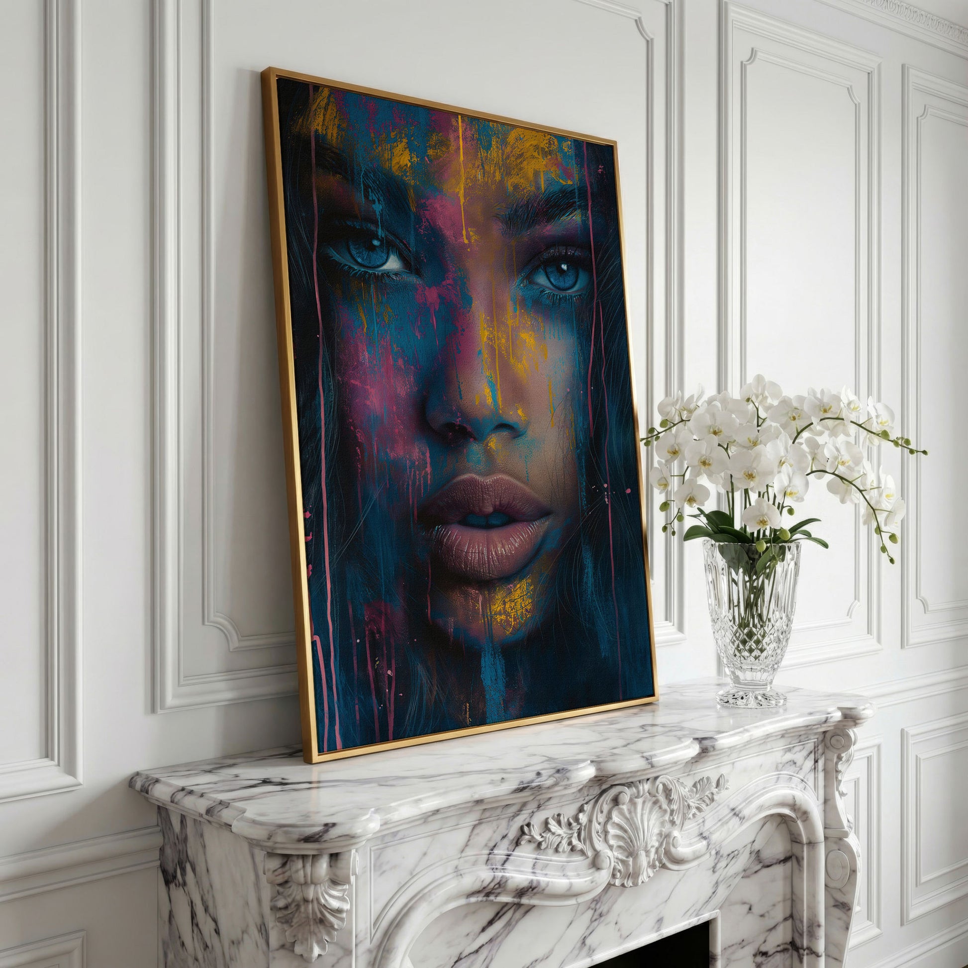 Abstract Woman Portrait Canvas, Teal & Fuchsia in yellow gold floating frame
