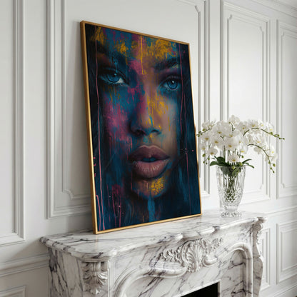 Abstract Woman Portrait Canvas, Teal & Fuchsia in yellow gold floating frame