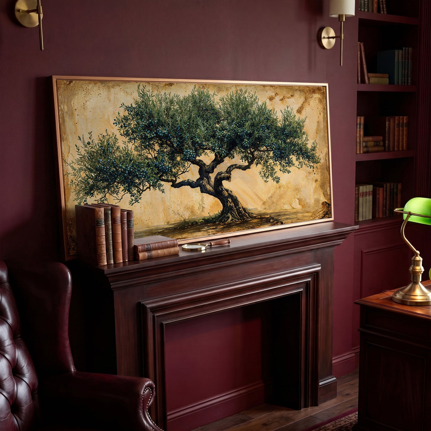 Ancient Olive Tree Canvas Wall Art in antique gold floating frame
