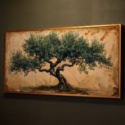 Ancient Olive Tree Canvas Wall Art shown in antique gold floating frame