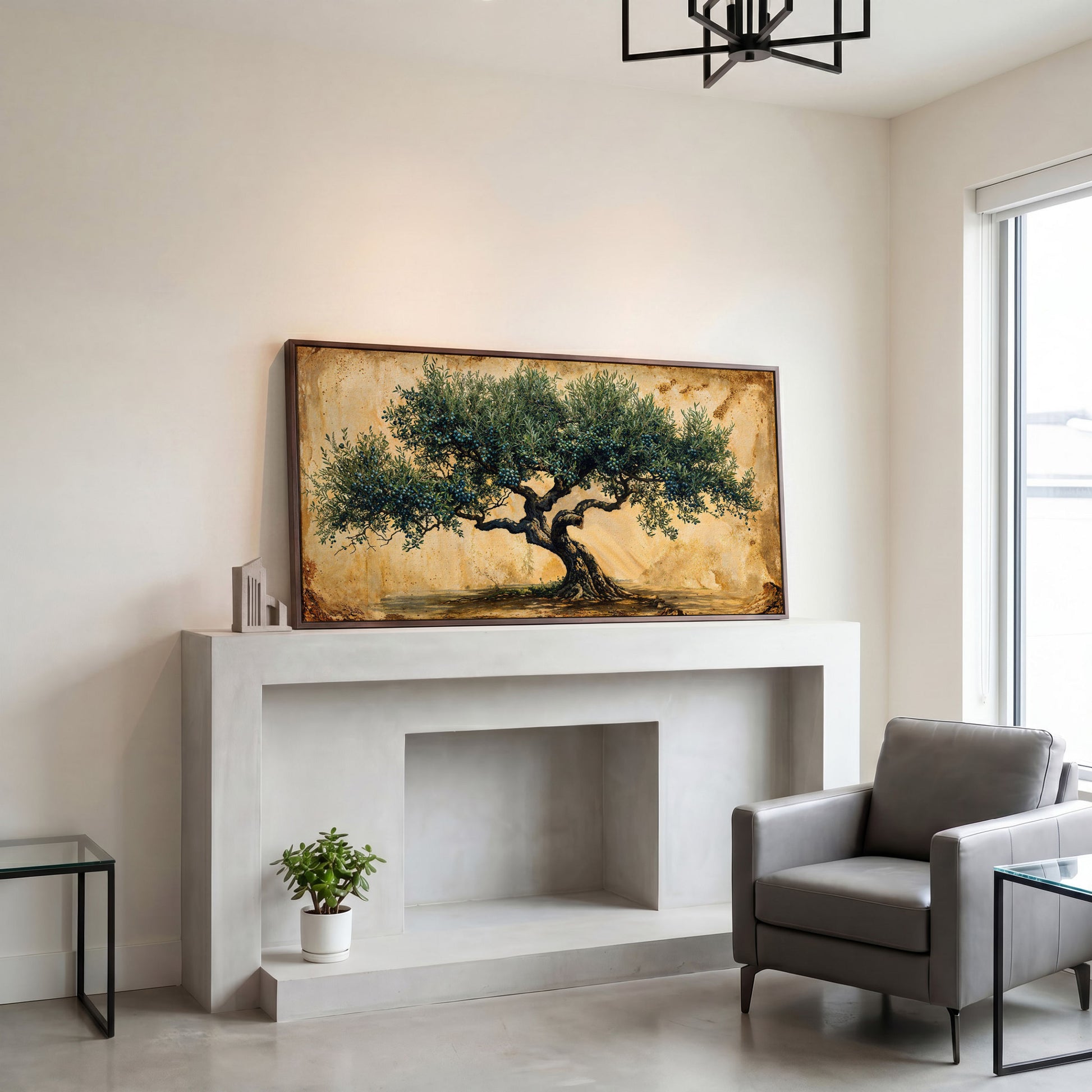 Ancient Olive Tree Canvas Wall Art in dark walnut floating frame