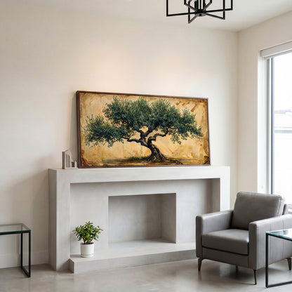 Ancient Olive Tree Canvas Wall Art in dark walnut floating frame