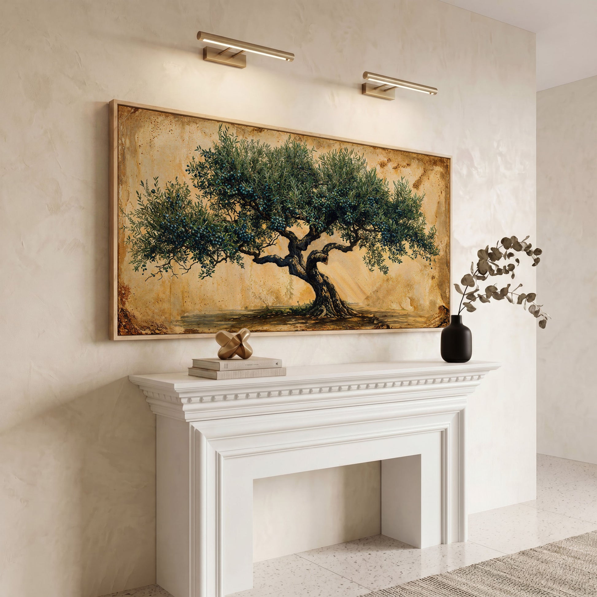 Ancient Olive Tree Canvas Wall Art in white oak floating frame