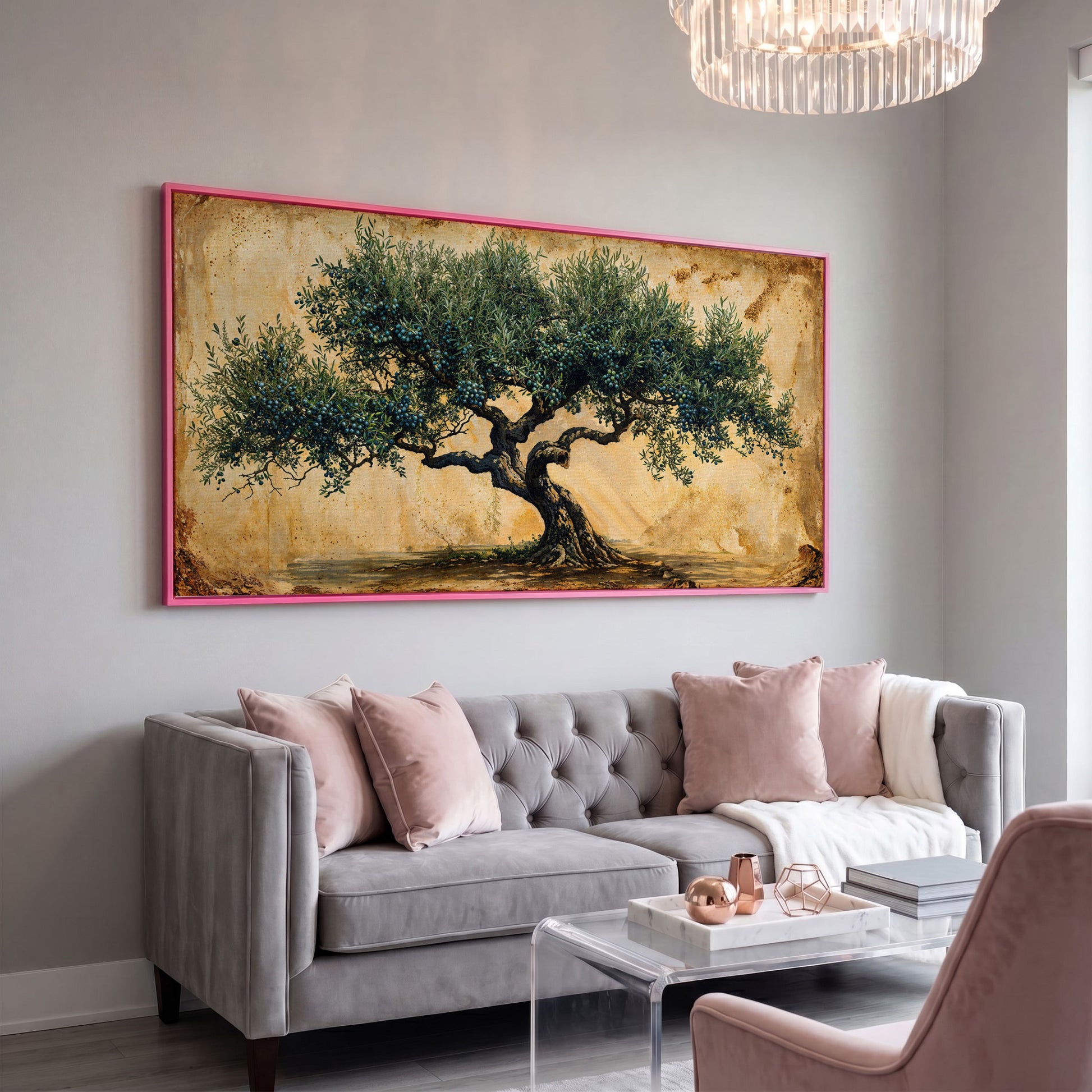 Ancient Olive Tree Canvas Wall Art in pink floating frame