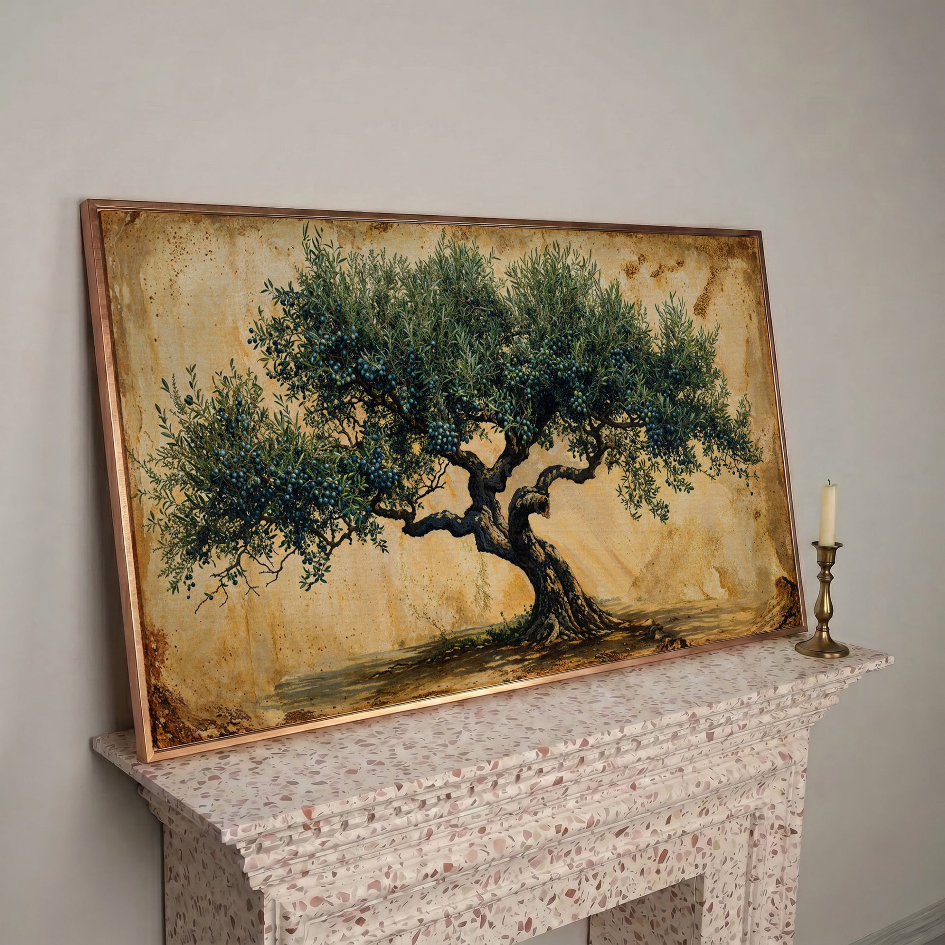 Ancient Olive Tree Canvas Wall Art in rose gold floating frame