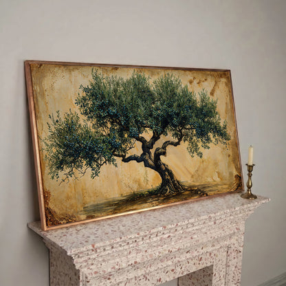 Ancient Olive Tree Canvas Wall Art in rose gold floating frame