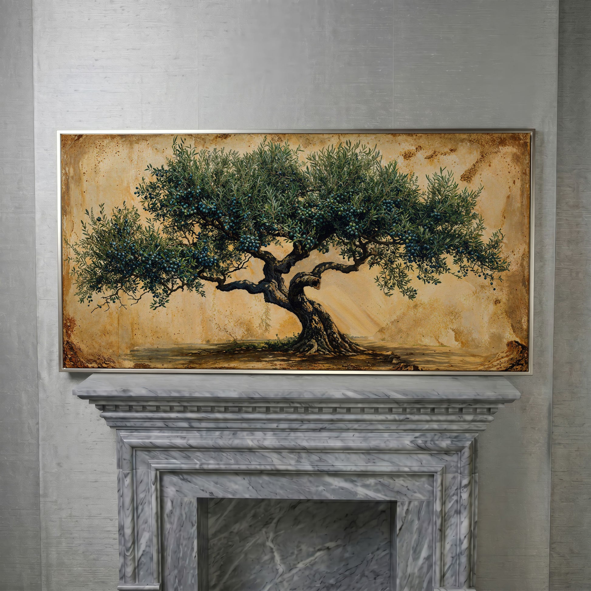 Ancient Olive Tree Canvas Wall Art in silver floating frame