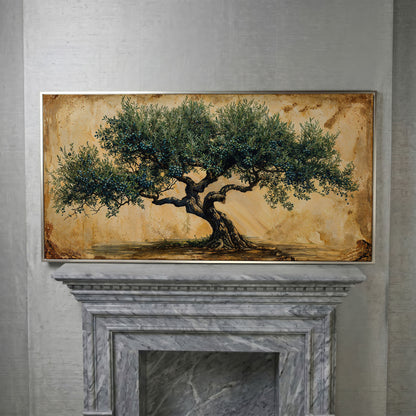 Ancient Olive Tree Canvas Wall Art in silver floating frame