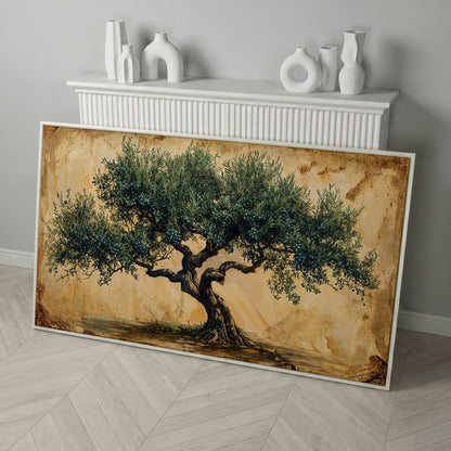 Ancient Olive Tree Canvas Wall Art in white floating frame