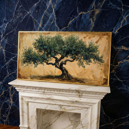 Ancient Olive Tree Canvas Wall Art in yellow gold floating frame