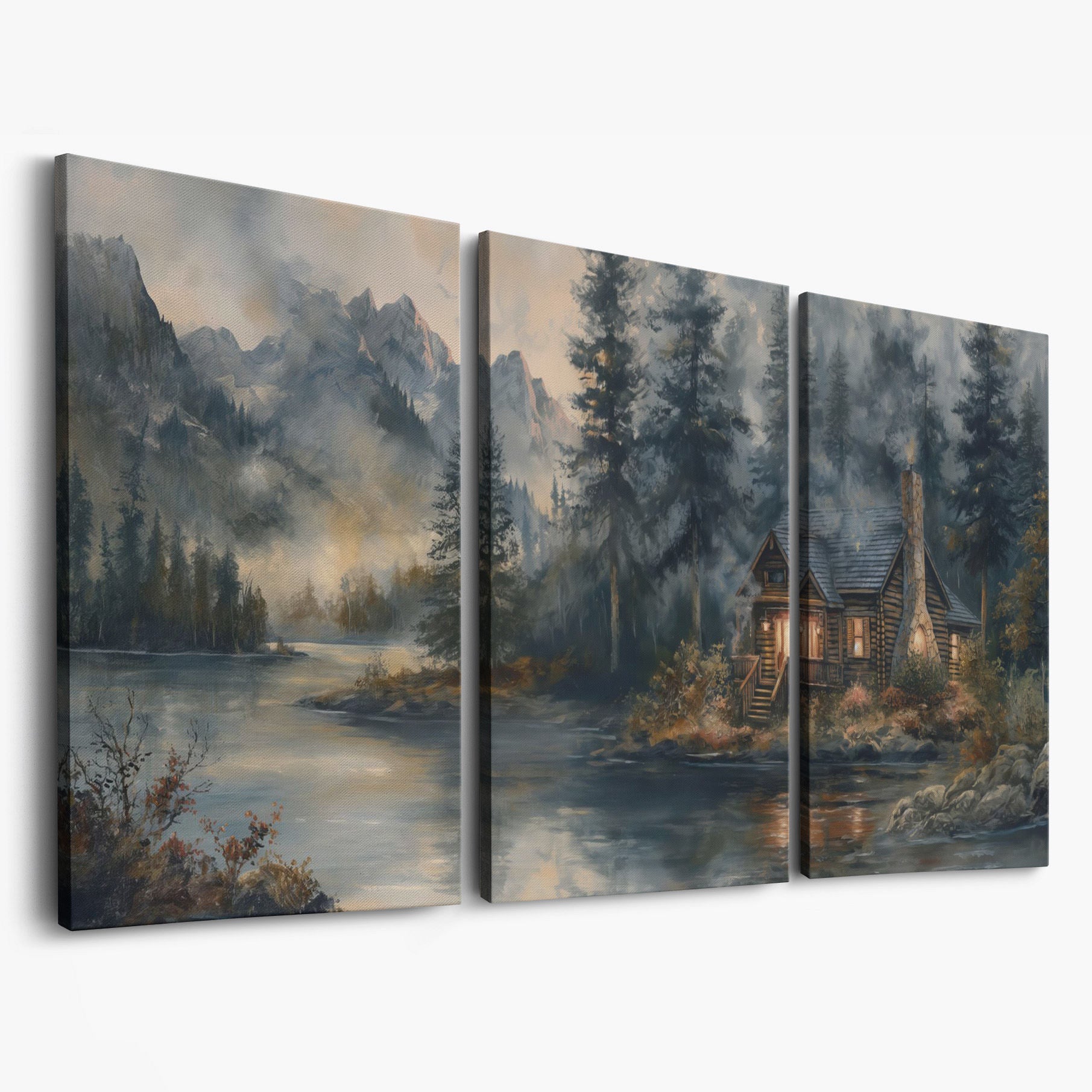 Rustic Riverside Cabin with Misty Mountains Canvas as 3-panel split version