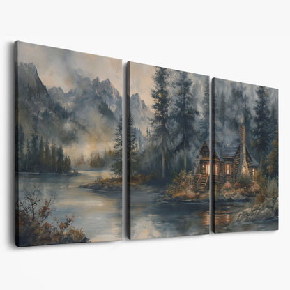 Rustic Riverside Cabin with Misty Mountains Canvas as 3-panel split version