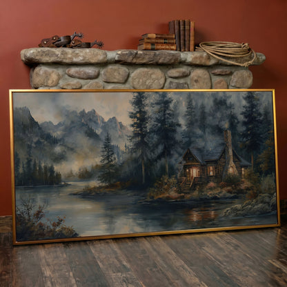 Rustic Riverside Cabin with Misty Mountains Canvas in antique gold floating frame