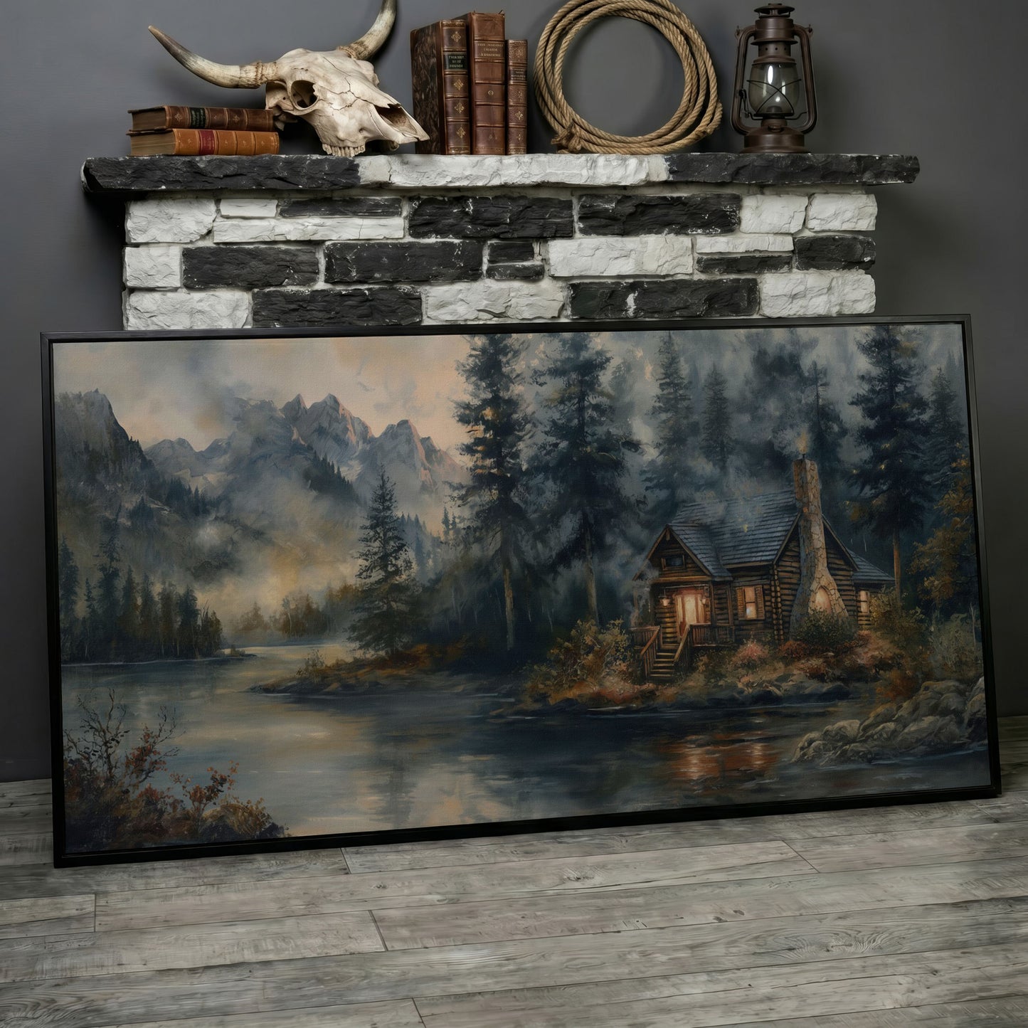 Rustic Riverside Cabin with Misty Mountains Canvas in black floating frame