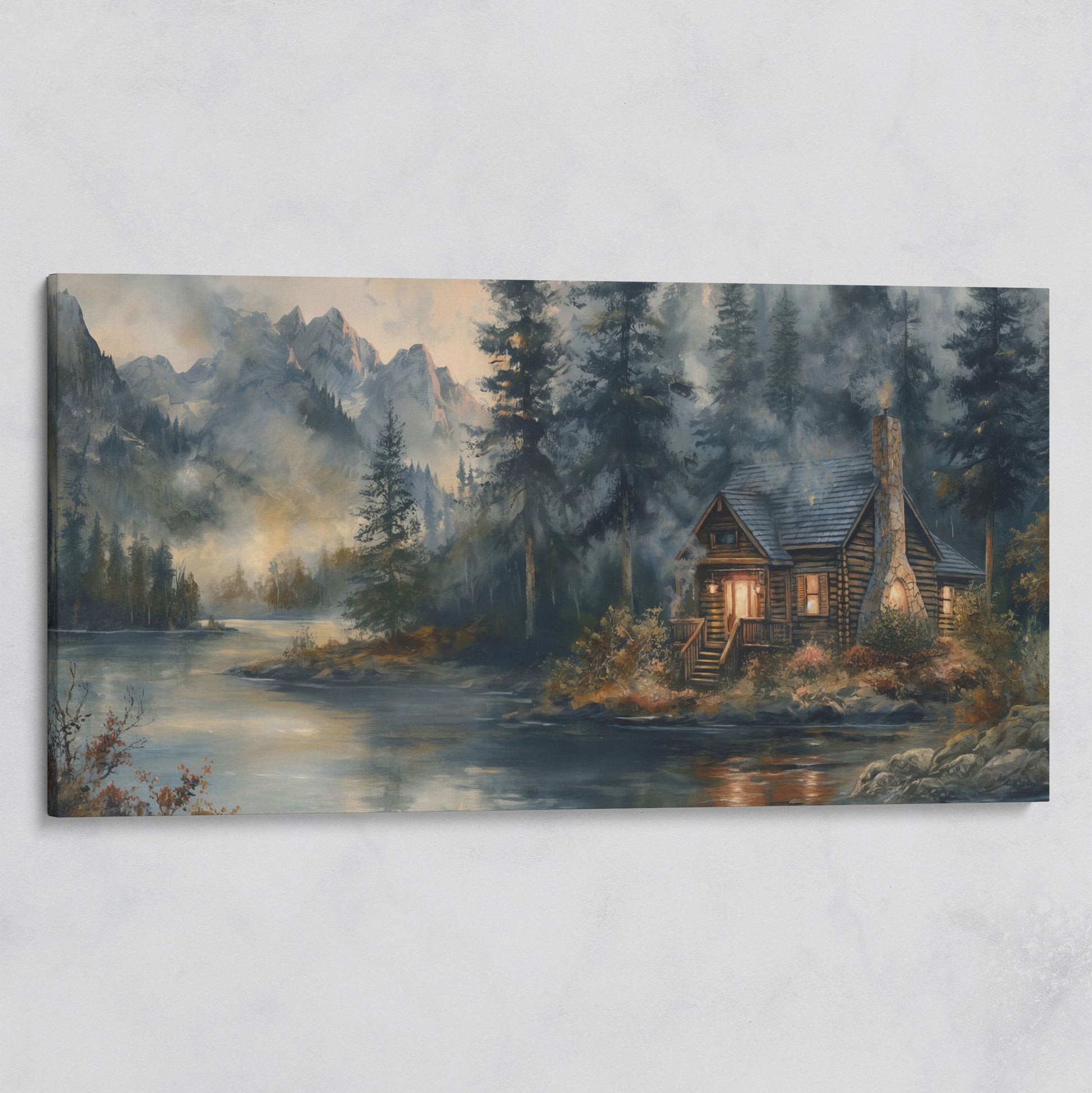 Rustic Riverside Cabin with Misty Mountains Canvas on gallery wrap