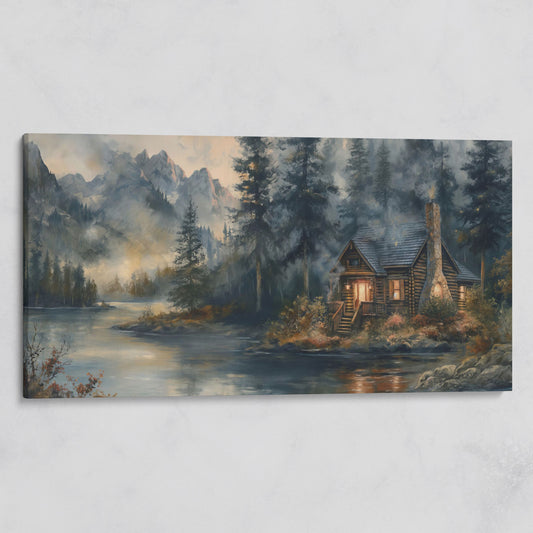 Rustic Riverside Cabin with Misty Mountains Canvas on gallery wrap