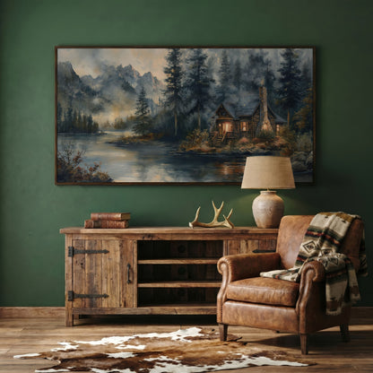 Rustic Riverside Cabin with Misty Mountains Canvas in dark walnut floating frame