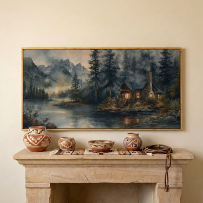 Rustic Riverside Cabin with Misty Mountains Canvas in white oak floating frame