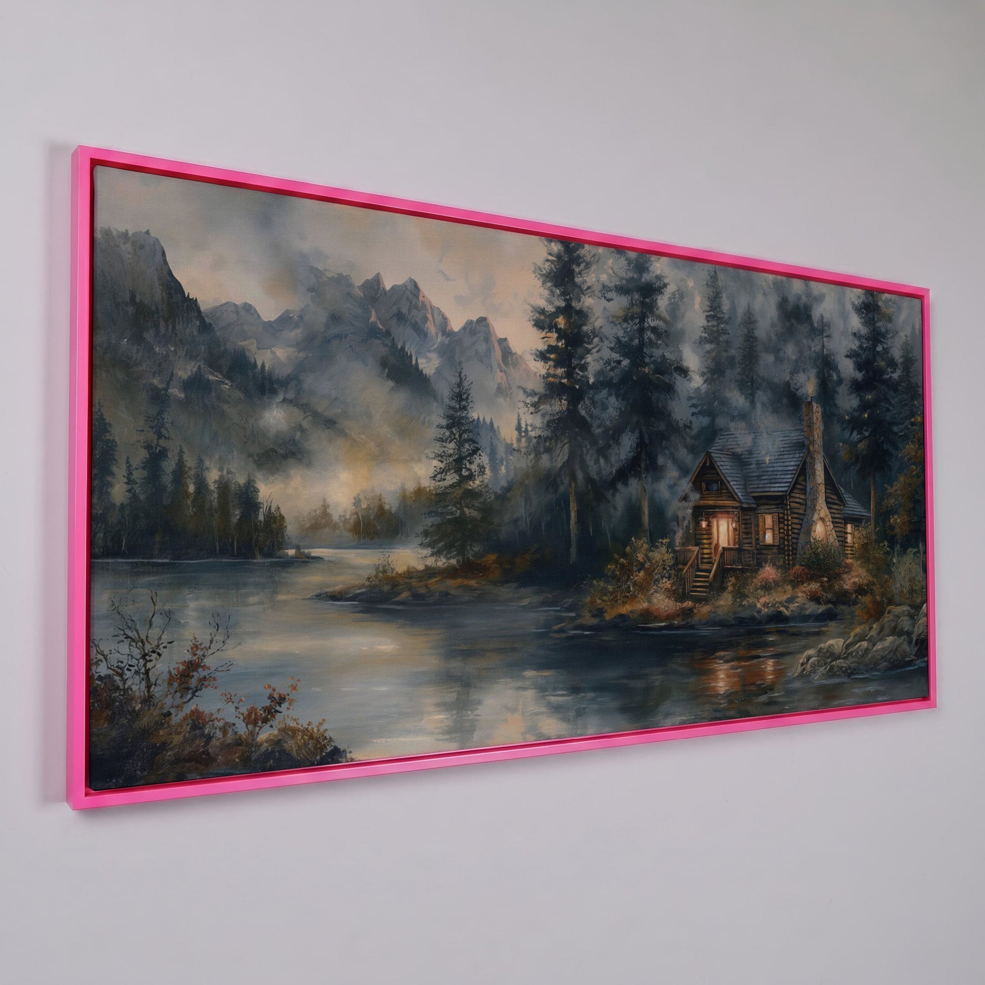 Rustic Riverside Cabin with Misty Mountains Canvas in pink floating frame