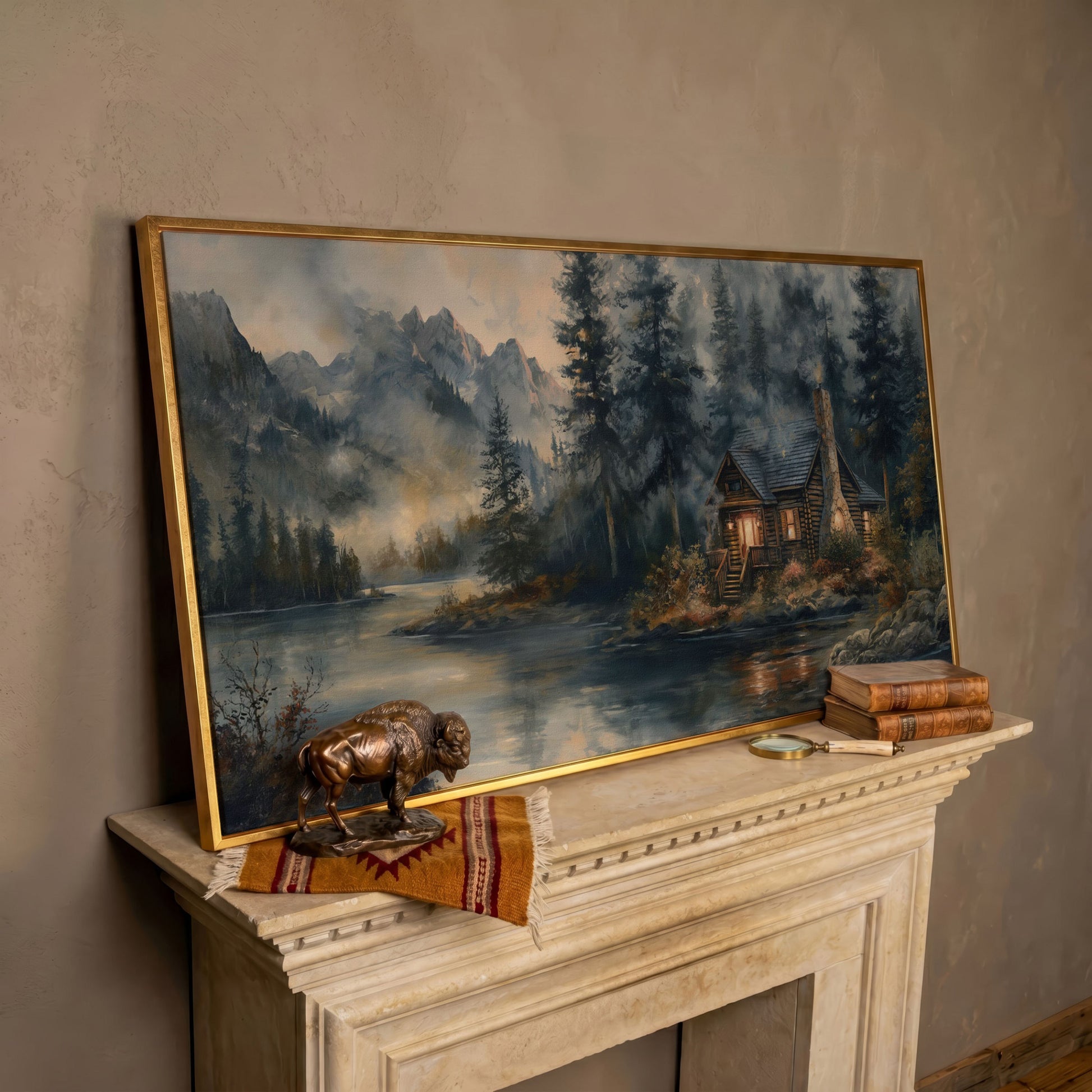 Rustic Riverside Cabin with Misty Mountains Canvas in rose gold floating frame