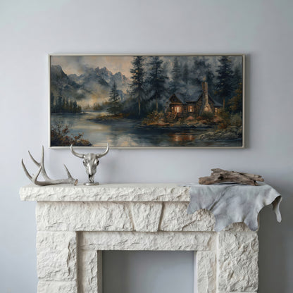 Rustic Riverside Cabin with Misty Mountains Canvas in silver floating frame