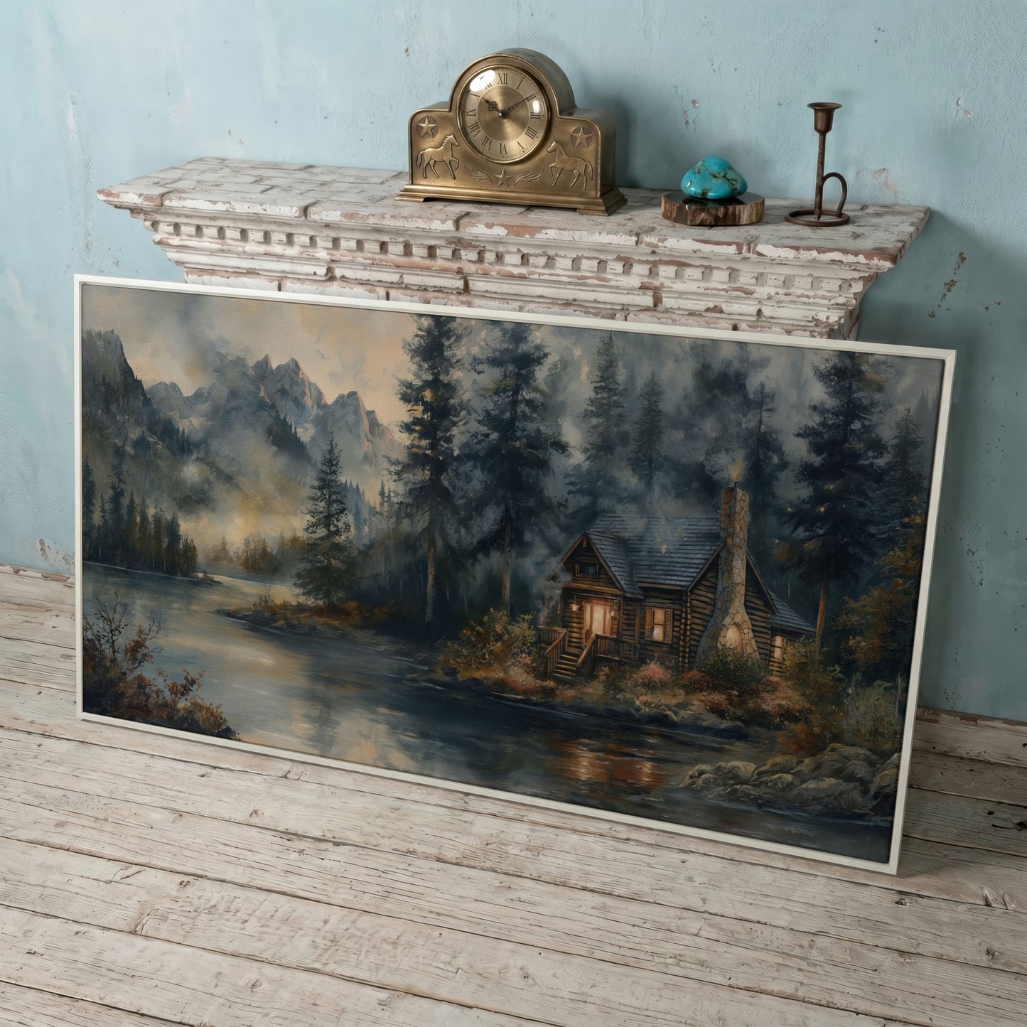 Rustic Riverside Cabin with Misty Mountains Canvas in white floating frame