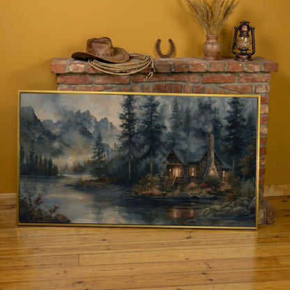 Rustic Riverside Cabin with Misty Mountains Canvas in yellow gold floating frame